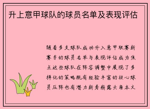 升上意甲球队的球员名单及表现评估
